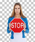 Woman, studio portrait and holding stop sign in hands for serious, assertive or angry face. Activist model, stop and anger for equality, transparency or isolated for woman rights isolated on a png background
