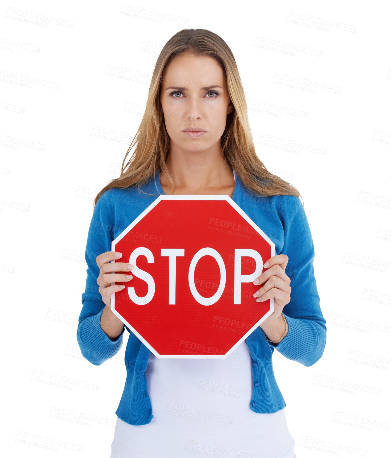 Buy stock photo Woman activist, portrait and stop sign in hands for serious, protest and angry face. Female model, traffic icon and anger for gender equality and women rights isolated on transparent, png background