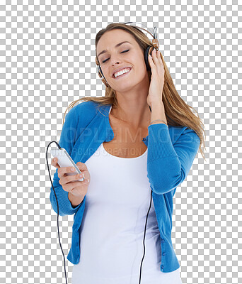 Buy stock photo Music, phone and dance with woman on png background for streaming, technology and media. Internet, technology and headphones with female isolated on transparent for app, happy and audio