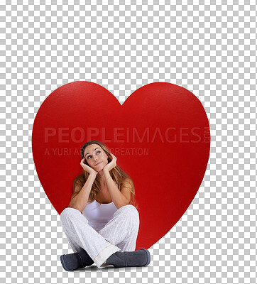 Buy stock photo Heart, love and thinking with woman on png background for happy, romance and valentines day. Smile, happiness and affectionate with female isolated on transparent for sign, date and kindness planning