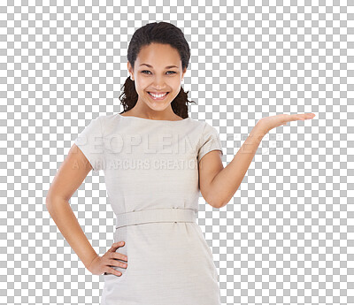 Buy stock photo Happy, offer and portrait of woman on png background for idea, decision and choice. Promotion, smile and product placement with business female isolated on transparent for open hands, deal and show