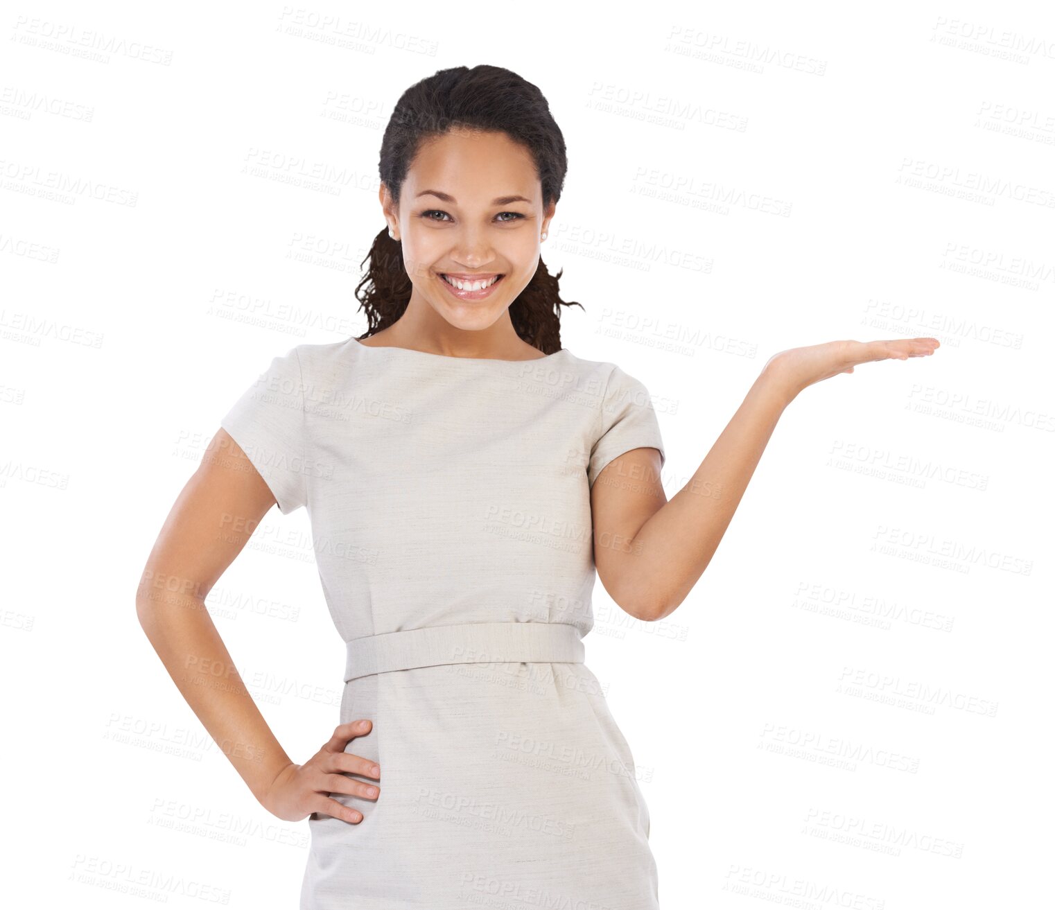 Buy stock photo Happy, offer and portrait of woman on png background for idea, decision and choice. Promotion, smile and product placement with business female isolated on transparent for open hands, deal and show