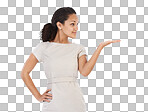 A Woman, hand and space for choice or option with product placement for marketing promo with smile. Happy, confidence and elegant black woman isolated with mockup for advertising isolated on a png background