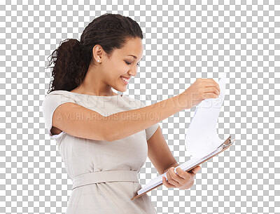 Business, checklist and black woman with smile, clipboard survey or report. Management, schedule data and happy small business woman receptionist checking inventory list in isolated on a png background
