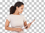 Business, reading and portrait of woman with clipboard survey, checklist or report with mock up. Management, schedule or inventory list for small business orders and black woman isolated on a png background