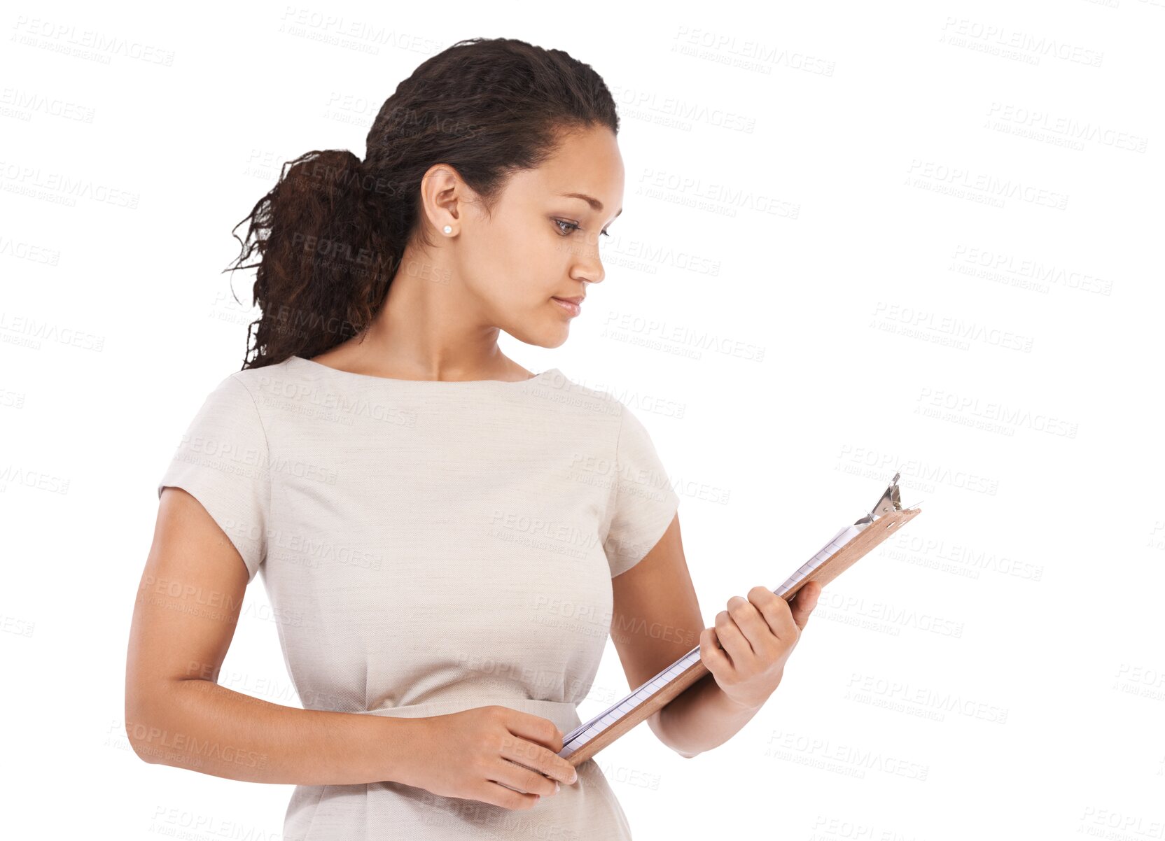 Buy stock photo Clipboard, reading documents and woman isolated on transparent, png background survey, checklist and report. Planning, schedule or professional inspection of business biracial person and policy paper