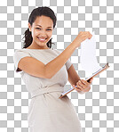 Business, checklist and portrait of woman with clipboard survey or report and smile on face. Management, schedule or inventory list for small business orders and happy black woman isolated on a png background