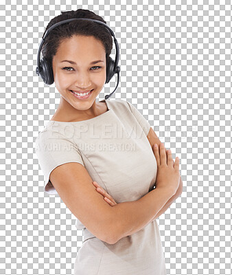 A Black woman, portrait and arms crossed for telemarketing with headphones, communication. Isolated crm consultant, call center and woman for customer service, tech and goal isolated on a png background