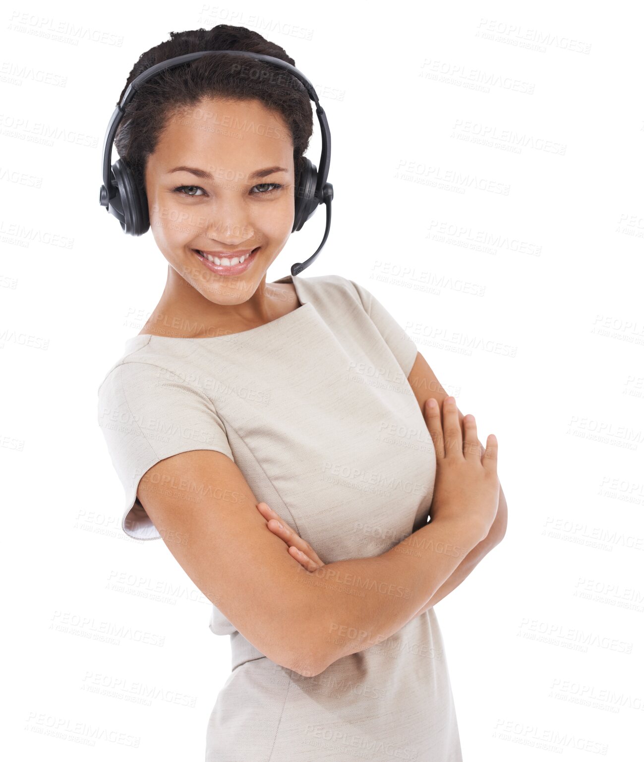 Buy stock photo Call center, headset and portrait of black woman in studio on isolated, png and transparent background. Business, communication and happy female worker in consulting, customer service and crm support