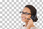 A Black woman, headshot and call center headphones with smile, communication. Isolated crm consultant, contact us and woman for customer support, microphone and success isolated on a png background