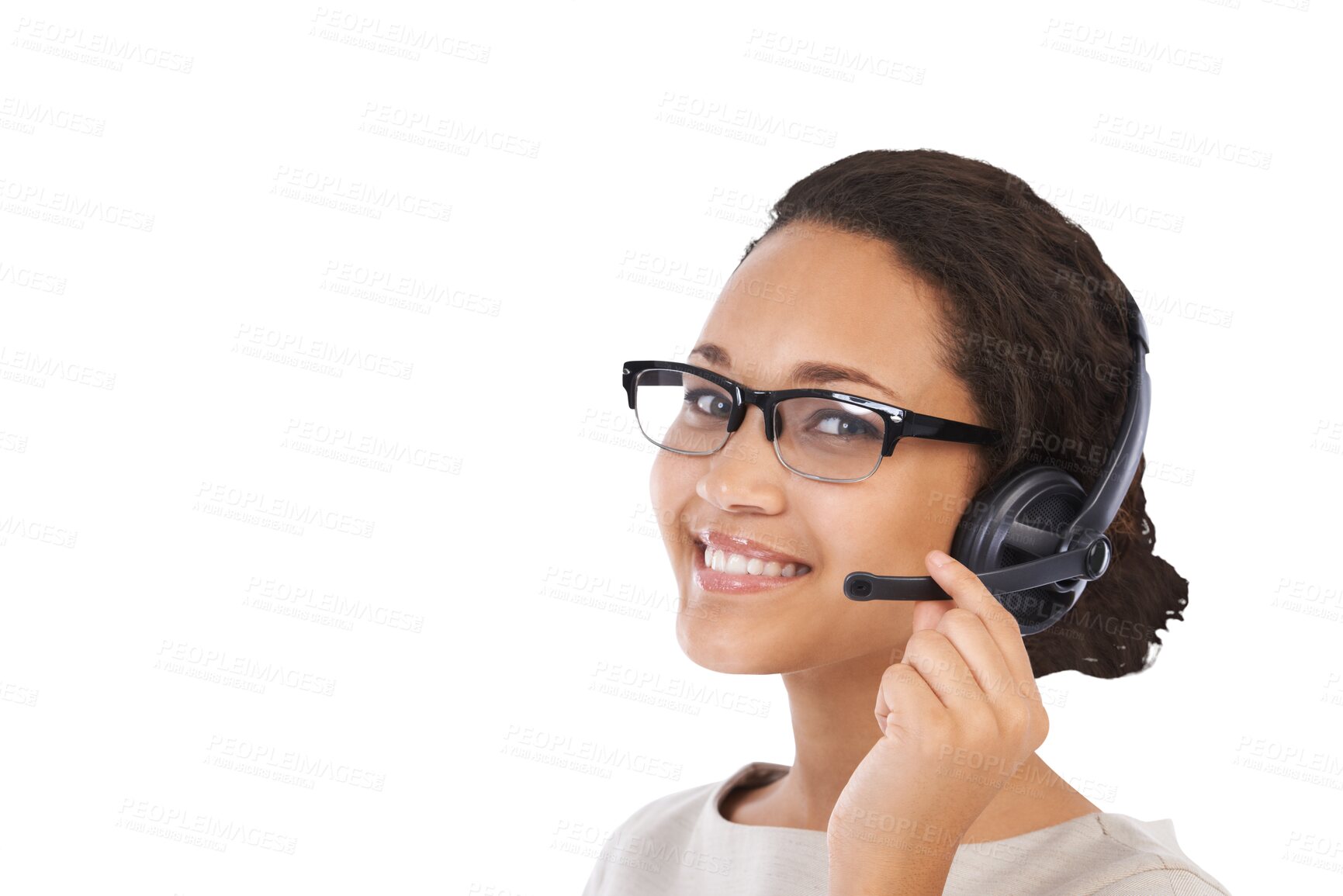 Buy stock photo Customer support, happy and portrait of woman with mic on isolated, png and transparent background. Call center, communication and face of female worker smile for consulting, service and crm business