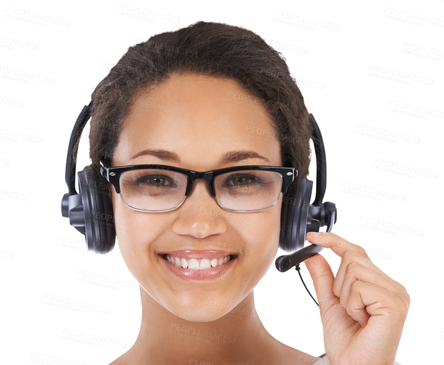 Buy stock photo Customer service, mic and portrait of woman on isolated, png and transparent background. Call center, communication and face of happy female worker with headset in consulting, business or crm support