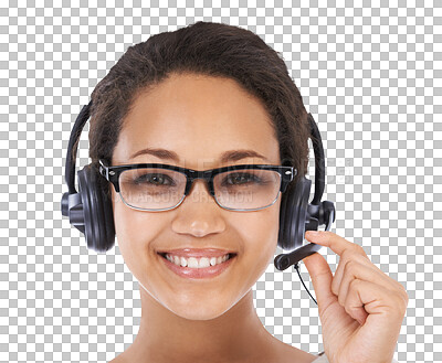 A Woman, headshot and call center with smile, communication. Isolated crm expert, telemarketing headphones and black woman with customer support, contact us and motivation isolated on a png background