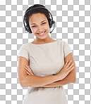 A Black woman,portrait and call center with arms crossed, communication. Isolated crm expert, happy telemarketing and consultant for customer support, tech and success isolated on a png background