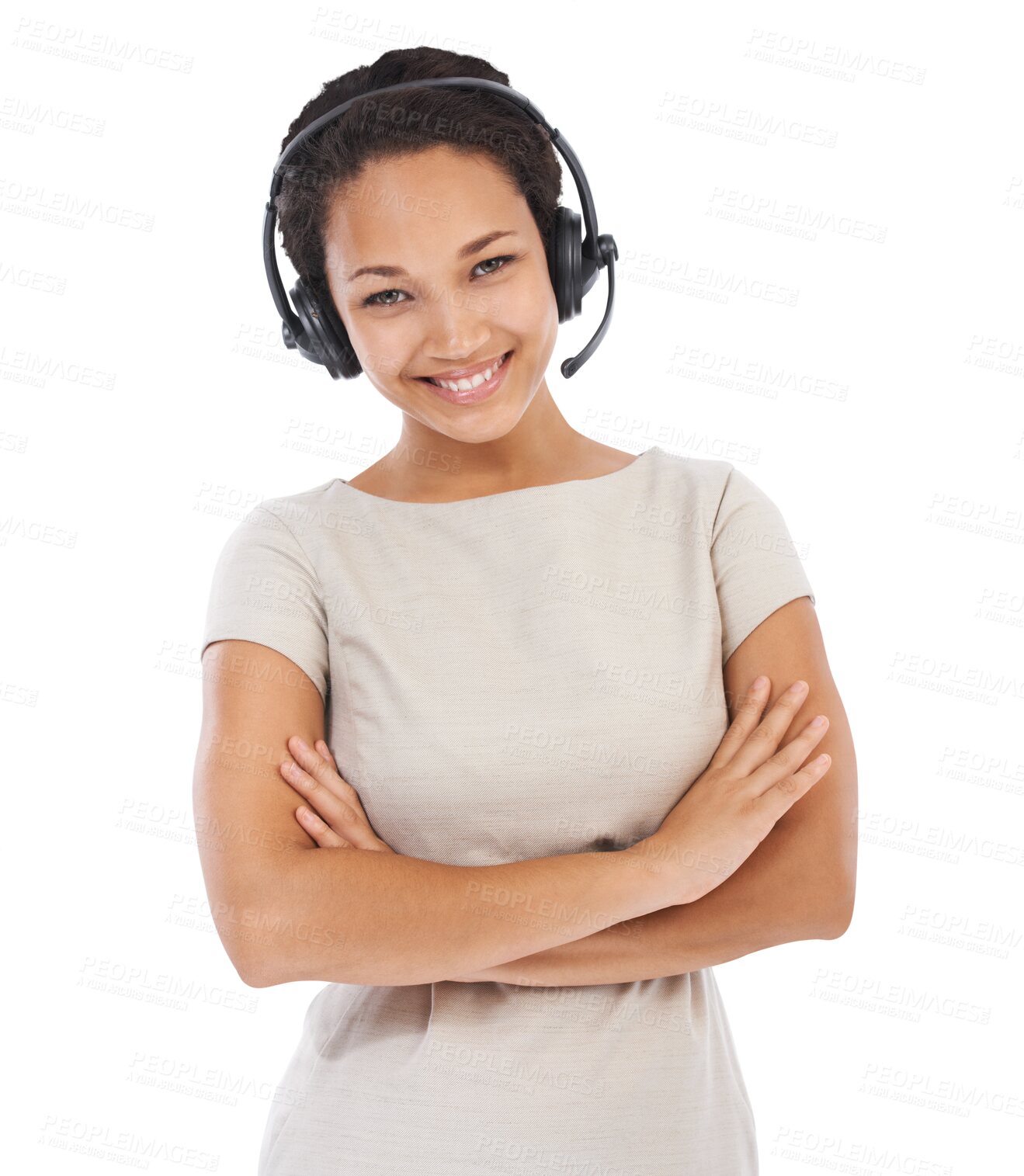 Buy stock photo Customer support, arms crossed or portrait of woman with headset on isolated, png or transparent background. Call center, communication or female worker smile for consulting, service and crm business