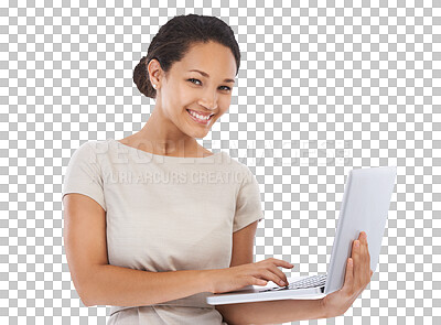 Buy stock photo Laptop typing, portrait and happy woman isolated on transparent png background for business planning or working. Professional face, person and pc computer for career research and smile for online job