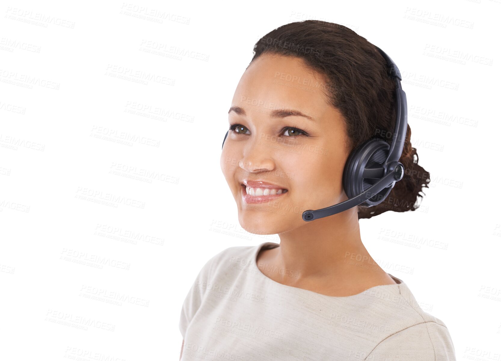 Buy stock photo Call center, headset and face of black woman with smile on isolated, png and transparent background. Business, communication and happy female worker in consulting, customer service and crm support