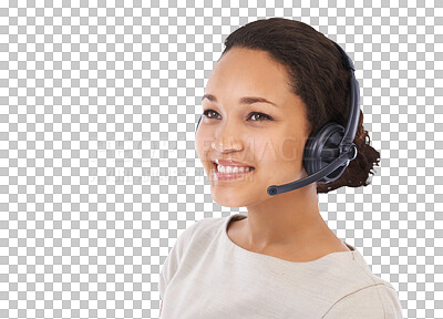 Contact us, customer support and woman mockup for crm call center with a happy smile. black woman employee with headset for customer support work and isolated mock up isolated on a png background