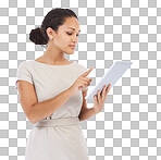 A Business woman, tablet and internet connection while for streaming online. Entrepreneur female online for communication, networking and marketing on social media platform isolated on a png background