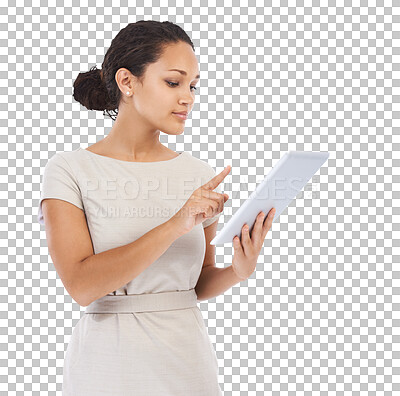 A Business woman, tablet and internet connection while for streaming online. Entrepreneur female online for communication, networking and marketing on social media platform isolated on a png background
