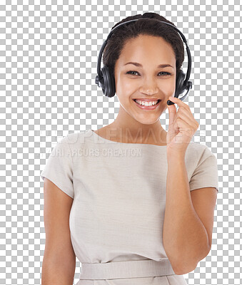 A Woman,portrait and call center headphones with smile, communication. Isolated crm consultant, happy telemarketing and black woman for customer support, tech and success isolated on a png background