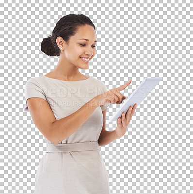 A Business woman, thinking and digital tablet in studio, professional. Black woman, entrepreneur and working girl using online app for management, planning and email isolated on a png background