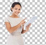 Portrait, digital tablet and business woman planning and professional on white background. Black woman, entrepreneur and working girl on online app for management, thinking and email isolated on a png background