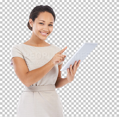 Buy stock photo Business, digital tablet and portrait of happy woman on isolated, transparent and png background. Online survey, social media and female employee smile for email search and professional network