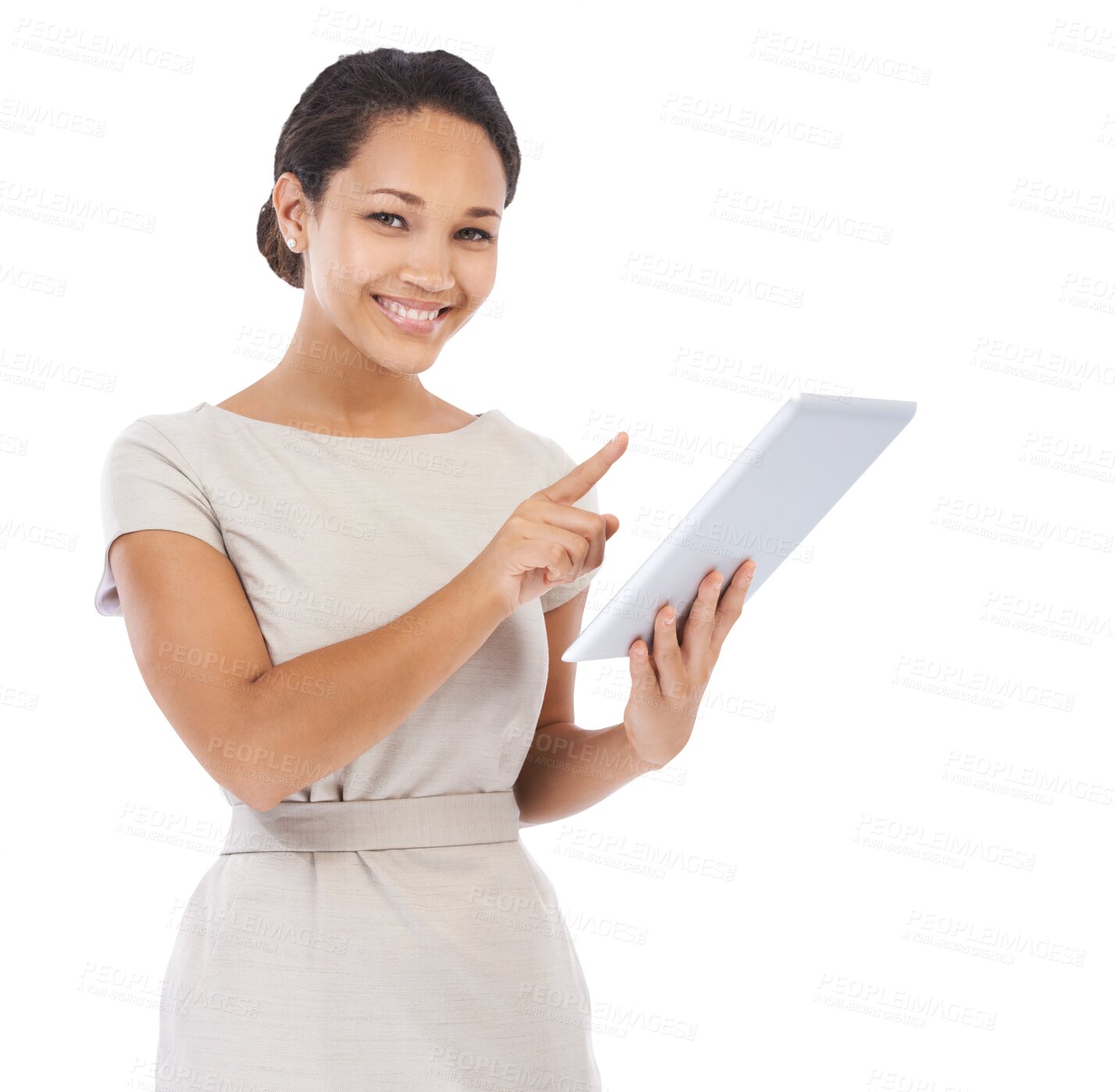 Buy stock photo Business, digital tablet and portrait of happy woman on isolated, transparent and png background. Online survey, social media and female employee smile for email search and professional network