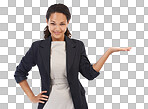 Corporate, worker and portrait of woman with product placement for marketing with positive smile. Happiness, confidence and elegant black woman with mockup  for advertising promo isolated on a png background