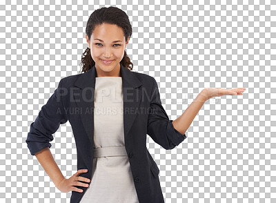 Buy stock photo Corporate, worker and portrait of woman with product placement for marketing with a smile. Happiness, confidence and an African employee for advertising promo isolated on a transparent png background