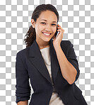 Business call, phone and portrait of a black woman on mobile chat online with a smile. employee with happiness from marketing success and mobile phone isolated on a png background