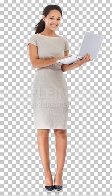 Buy stock photo Laptop, business and portrait of woman isolated on transparent, png background typing or working online. Biracial, happy and professional person working on computer for website or internet planning