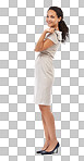 Proud, corporate and full body portrait of black woman with feminine, elegant and professional style. Happy smile of classy and confident woman standing at with mockup isolated on a png background