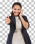 Portrait, business and black woman with thumbs up, phone call and employee. African American female, lady and ceo with smartphone, achievement and company success isolated on a png background