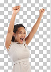 Business, celebration and excited black woman with arms up mockup. Wow, win and celebrate, happy winning woman with smile, empowerment and happiness, celebrating deal success isolated on a png background