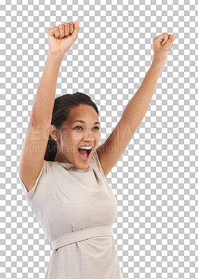 Business, celebration and excited black woman with arms up mockup. Wow, win and celebrate, happy winning woman with smile, empowerment and happiness, celebrating deal success isolated on a png background