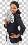 A Business woman, cash with money and dollar in portrait, wealth and corporate finance. Financial company, black woman with savings, invest and banking with bonus reward isolated on a png background