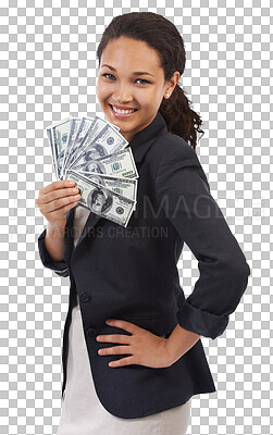 Millionaire business woman holding dollar bills - isolated over