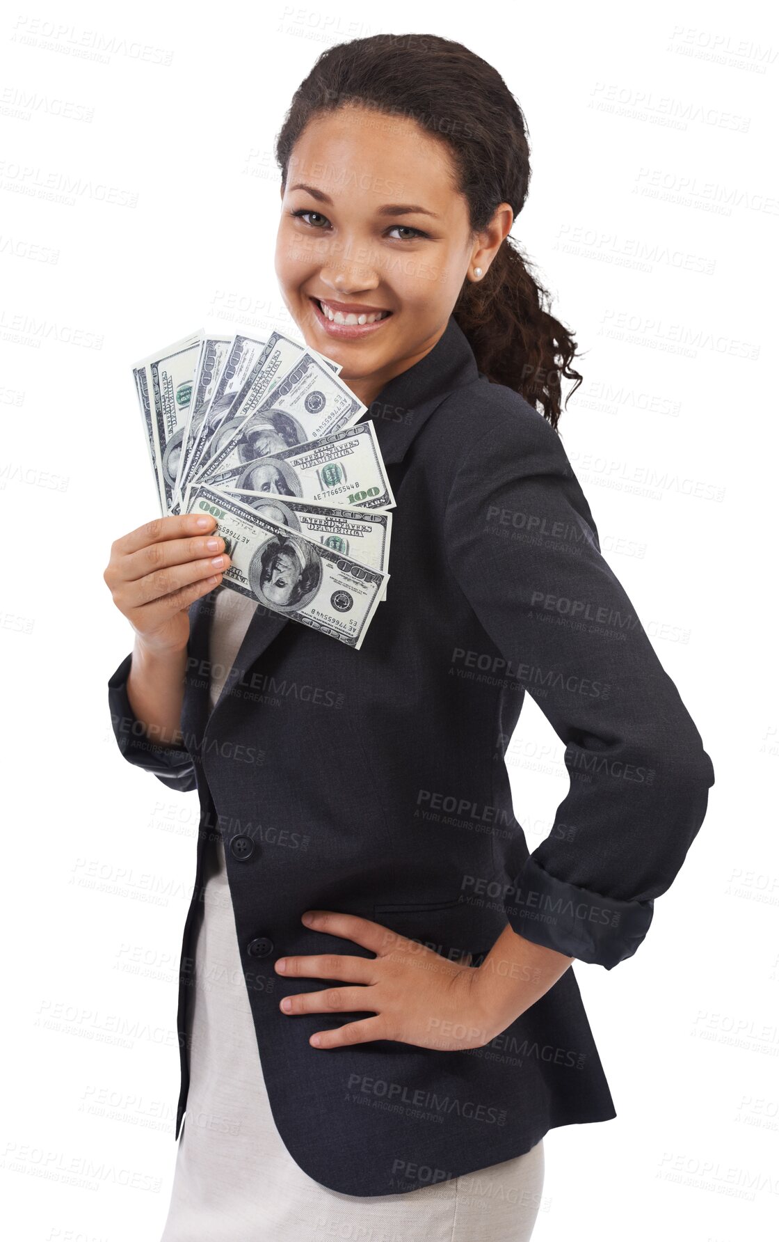 Buy stock photo Fan, money and portrait of business woman isolated on transparent, png background winning, cash and happy finance. Rich, lotto and biracial person or winner with investment bonus, profit or lottery