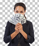 Business black woman, cash with money and dollar in portrait, wealth and corporate finance. Financial company, funding with savings, invest and banking with bonus reward isolated on a png background