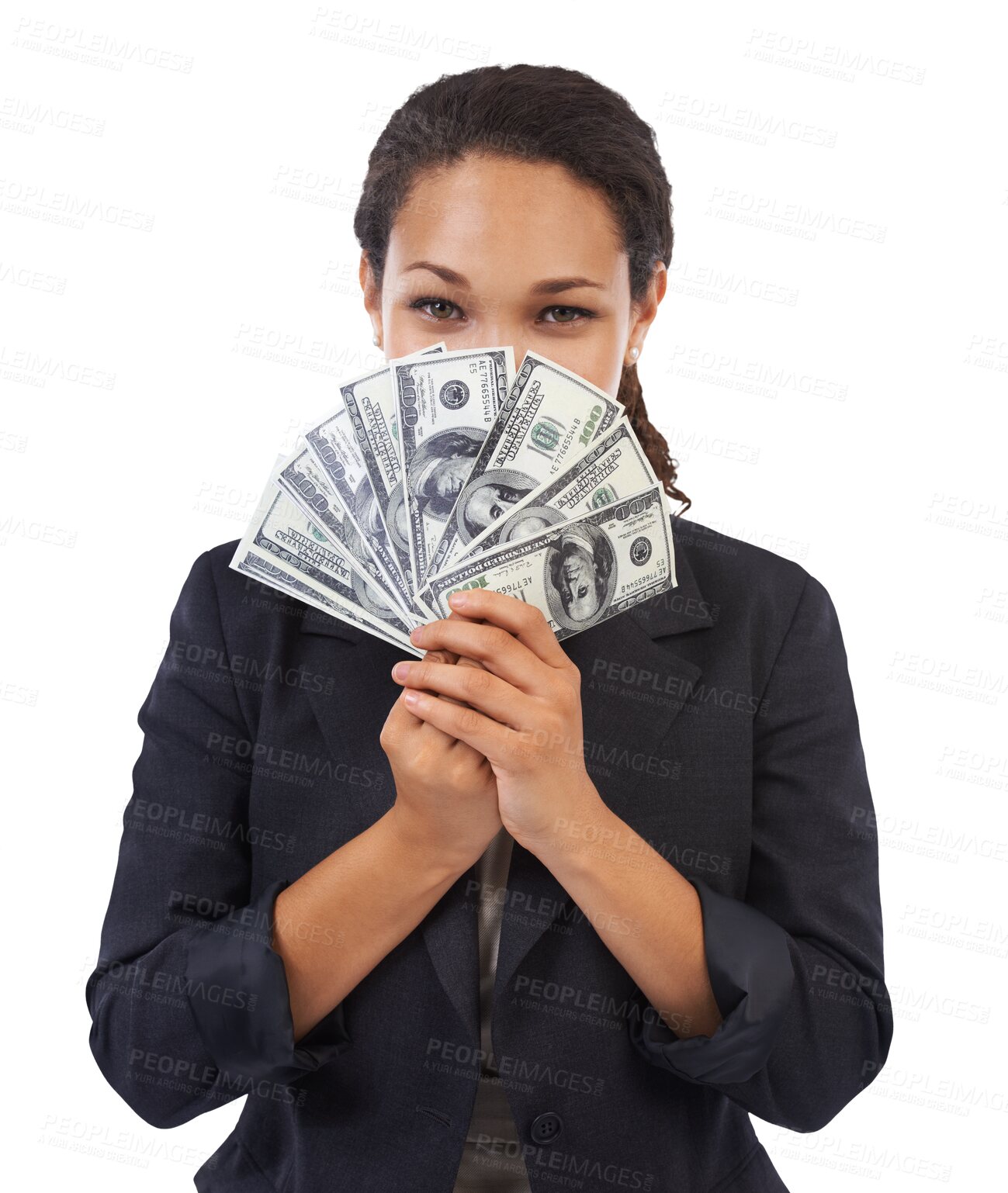 Buy stock photo Money, cover face and portrait of woman isolated on transparent, png background winning, cash and happy finance. Lottery, bank and biracial person or winner with investment bonus or financial profit