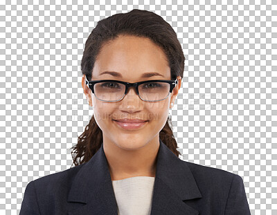 Buy stock photo Professional woman, glasses and portrait with vision and face isolated on transparent or png background. Headshot, fashion eyewear and optometry with corporate employee and smart business female