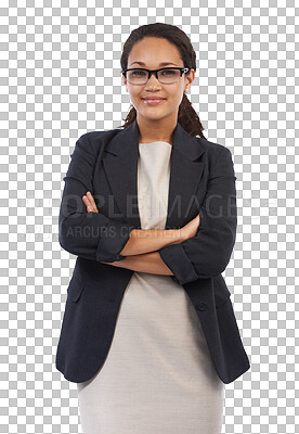 Buy stock photo Business woman, arms crossed or confidence in portrait for professional mindset isolated on transparent png background. Confident corporate female, career and empowerment pride, ambition or about us