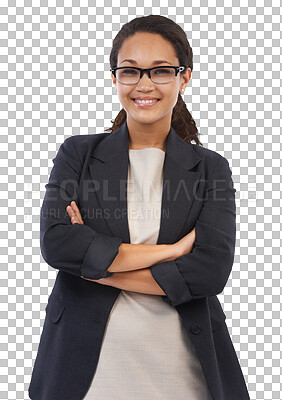 Woman, corporate studio portrait and arms crossed with smile, vision or success. Black woman, executive business leader or isolated manager with focus, suit or motivation for goal isolated on a png background