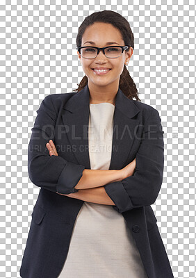 Buy stock photo Happy woman in business, arms crossed with confidence and success isolated on transparent, png background. Corporate vision, professional portrait and female smile, pride and satisfaction in career 