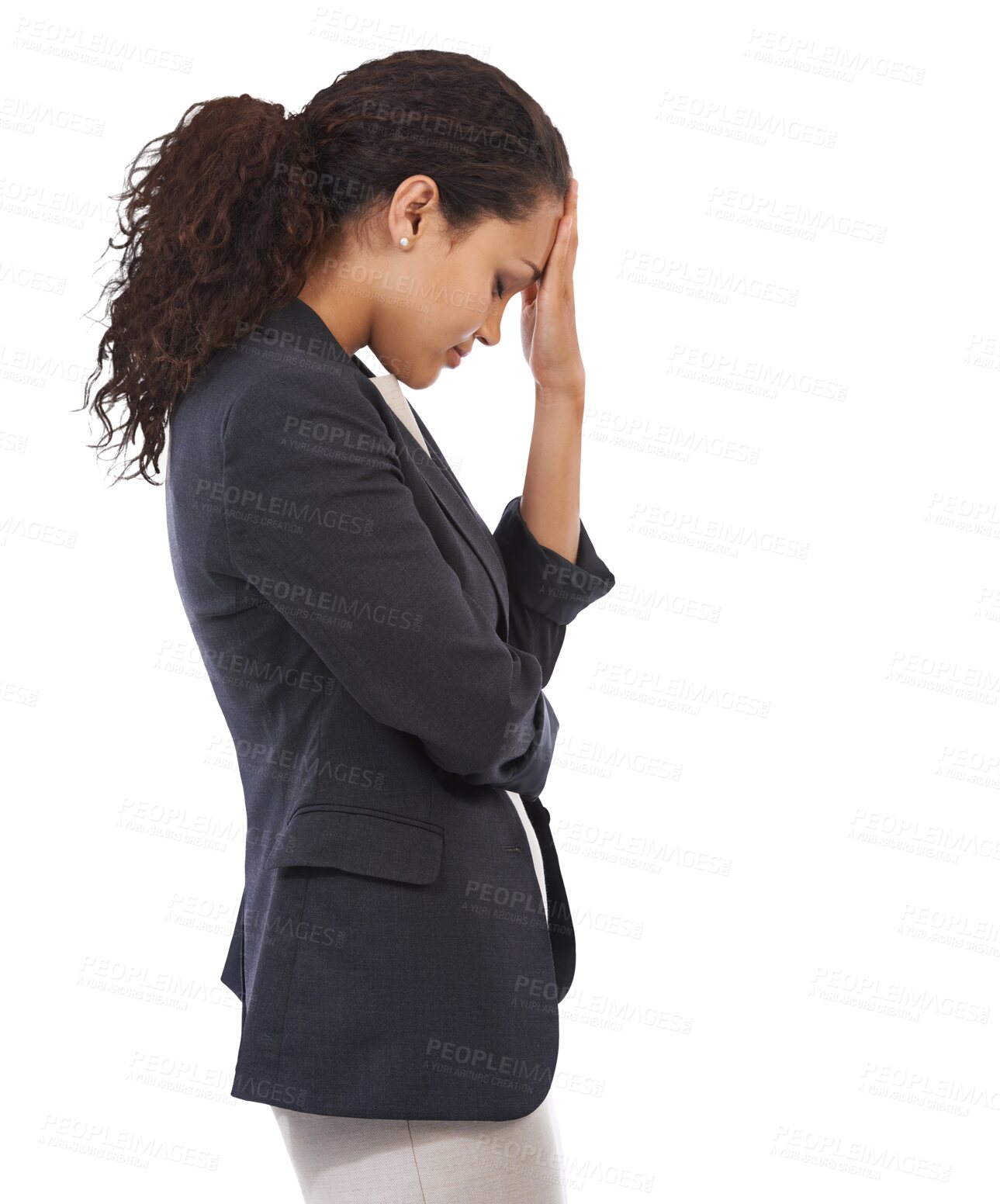 Buy stock photo Business woman with headache, stress and frustrated with corporate burnout isolated on transparent or png background. Professional female with migraine, pain and crisis at work with mental health