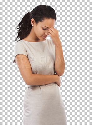 Burnout, headache and anxiety of a black woman business worker tired from work. Corporate employee, isolated and vertical mockup of a entrepreneur frustrated about policy mistake isolated on a png background