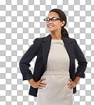 A Business woman, proud work and success portrait of a corporate worker in management. black woman worker smile with glasses, happiness and executive vision isolated on a png background