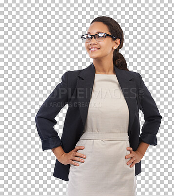 Buy stock photo Corporate, thinking and proud business woman on isolated, png and transparent background. Professional, happy and vision for future of female entrepreneur smile with confidence, empowerment and pride